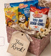 Personalised snack gift pack with a ribbon and message card
